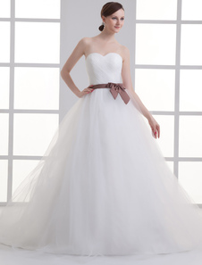 Sweetheart Neck Strapless Sash Net Bridal Wedding Gown