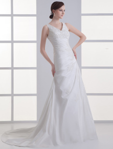 Ivory A-line V-Neck Beading Taffeta Bridal Wedding Gown 
