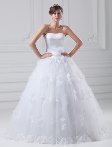 Floor-Length White A-line Strapless Embroidered Net Wedding Dress
