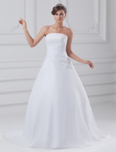White Ball Gown Strapless Tiered Organza Bride's Wedding Dress