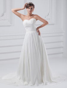 White A-line Sweetheart Ruched Taffeta Bridal Wedding Dress