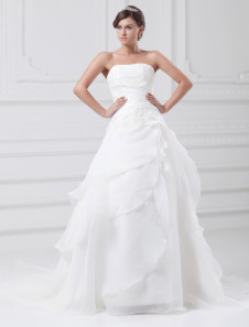 White A-line Strapless Floral Tulle Wedding Dress For Bride