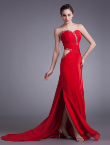 Chic Red Chiffon Beading Sweetheart Neck Women's Evening Dress 