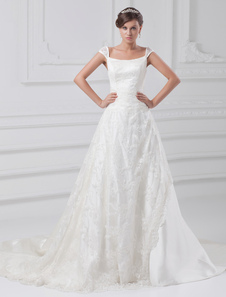 Ivory A-line Off-The-Shoulder Embroidered Taffeta Bridal Wedding Dress