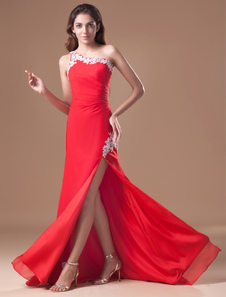 Side Split Red Chiffon Beading One-Shoulder Women's Evening Dress