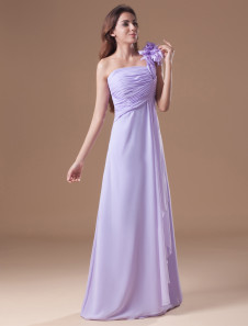 Lilac Prom Dress One Shoulder Flowers Chiffon Bridesmaid Dress Cascading Ruffles Floor Length Evening Dress