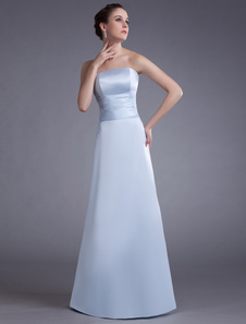 Satin Evening Dress Baby Blue Strapless Long Prom Dress Floor Length Formal Party Dress 