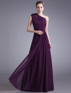 Grape One-Shoulder Chiffon Evening Dress 