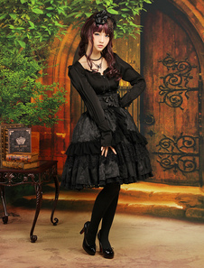 Gothic Black Layered Long Sleeves Elastic Silk Like Satin Jacquard Sweet Lolita Outfits 
