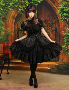 Gothic Lolita Outfit Black 2 Piece Set Lace Ruffle High Waist Skirt With Blouse