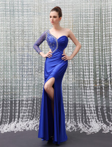 Sexy Royal Blue Polyester Beading One-Shoulder Evening Dress  Milanoo