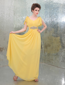 Earth Yellow V-Neck A-line Beading Rhinestone Chiffon Evening Dress  