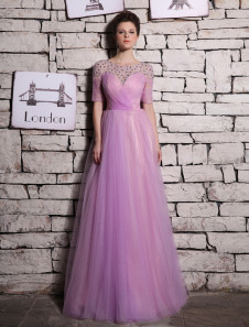 A-line Lilac Tulle Beading Jewel Neck Floor-Length Evening Dress Milanoo