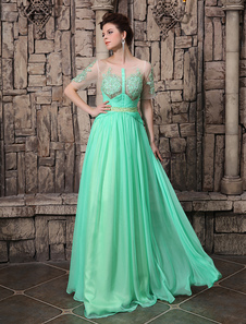 A-line Mint Green Scoop Floor Length Chiffon Beading Evening Dress