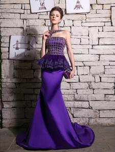 Royal Purple Evening Dress Mermaid Peplum Backless Satin party Dress Milanoo