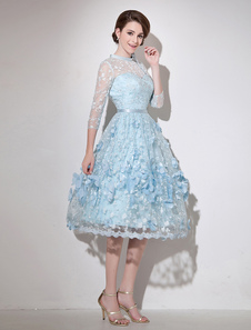 Lace Cocktail Dress Illusion 3D Flower Beaded Prom Dress Pastel Blue 3/4 Length Sleeve A Line Tea Length Party Dress Milanoo