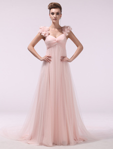 Peach Prom Dresses 2021 Long Chiffon 3D Flowers Evening Dress Empire Twisted Floor Length Party Dress With Train Wedding Guest Dress Milanoo