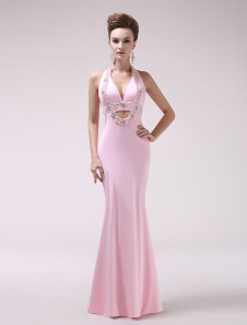 Pink Sequin Halter Mermaid Elastic Woven Satin Evening Dress  Milanoo