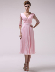 Pink A-line Rhinestone Deep V-Neck Half Sleeves Chiffon Cocktail Dress  Milanoo
