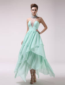 Mint Green High Collar Ruched A-line Chiffon Fashion Prom Dress  Milanoo