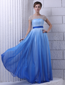 Royal Blue Jewel Neck Short Sleeves Beading A-line Chiffon Prom Dress  Milanoo