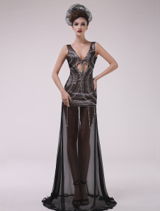 Black Beading V-Neck A-line Chiffon Charming Evening Dress  Milanoo