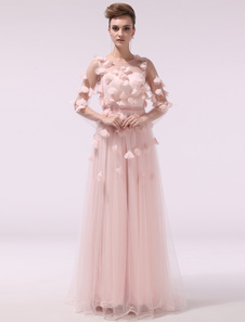 Tulle Evening Dress Illusion 3D Floor Prom Dress Peach Jewel Neck Long Sleeve Pleated Floor Length Party Dress Milanoo