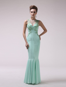 Mint Green Jewel Neck Beading Mermaid Chiffon Women's Evening Dress  Milanoo