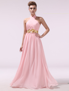 Pink Pleated Halter Sleeveless A-line Chiffon Evening Dress Milanoo