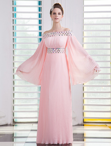 Pink Bateau Neck Long Sleeves Rhinestone A-line Chiffon Prom Dress Milanoo