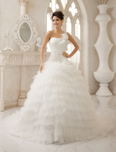 Wedding Dresses One Shoulder Ball Gowns Bridal Dress Pleated Tiered Beading Princess Wedding Gown Milanoo