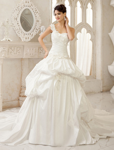 Ivory Ball Gown One-Shoulder Pleated Chapel Train Bridal Wedding Gown Milanoo