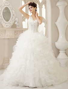 White Ball Gown One-Shoulder Ruffles Chapel Train Bridal Wedding Dress  Milanoo