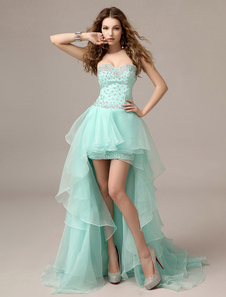 Mint Green A-line Prom Dress with Sweetheart Neck Rhinestone High Low Design