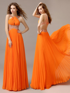 Orange Chiffon A-line Draped Prom Dress with Halter Sleeveless 