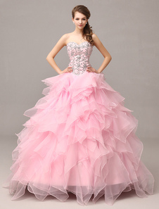 Pink Prom Dresses 2021 Long Organza Tiered Ruffles Quinceanera Dresses Ball Gown Sweetheart Strapless Beading Occasion Dress