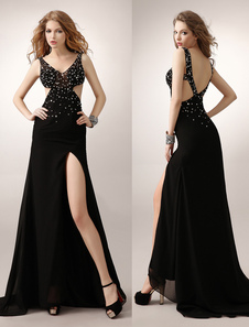 Black Prom Dresses 2021 Long Backless Evening Dress Chiffon Sheath Rhinestones Beading V Neck Formal Dresses