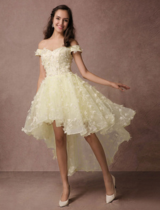 High-low Prom Dress Lace Beading Off-the-shoulder Homecoming Dress Backless 3D Flower Applique Cocktail Dress