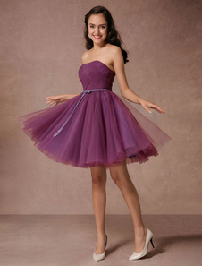 Short Bridesmaid Dress Plum Tulle Strapless Homecoming Dress Short Prom Dress Backless Woven Cocktail Dress With Sash