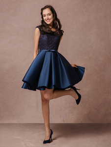 Blue Prom Dress 2021 Short Lace Beading Homecoming Dress Satin Bow Sash Pleated Cocktail Dress