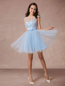 Short Prom Dress Blue Lace Homecoming Dress Backless Flower Applique A-Line Cocktail Dress