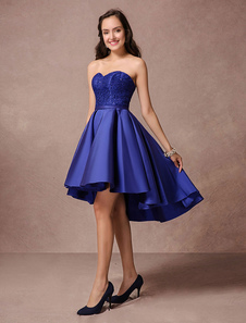 Blue Prom Dress 2021 Short Satin Homecoming Dress Strapless Backless High Low Cocktail Dress