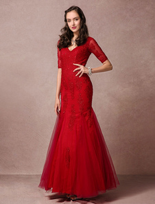 Red Evening Dress Mermaid Lace Beading V-neck Half Sleeves Applique Tulle Floor-length Red Carpet Dress