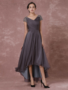 Chiffon Maxi Evening Dress Grey High Low Beading Backless V Neck Pleated Party Dress Wedding Guest Dress