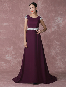 Plum Mother Of The Bride Dress Chiffon Evening Dress Applique Cap Sleeve Party Dress With Train