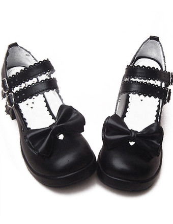 Chaussures lolita noir en PU talon épais décoré de noeud