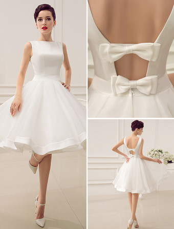 Vestido Corto de Boda 2023 Vintage Falda Bridal 1950’s Bateau Sin Manga Vestido Bridal de Recepción de Milanoo