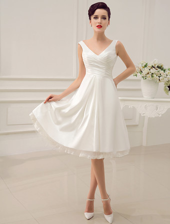 Simple Wedding Dress 2023 Ivory Tea Length Backless Pleated Satin Lace Up Bridal Dress Free Customization