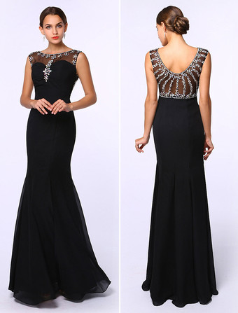 Black Prom Dresses 2023 Long Mermaid Evening Dress Rhinestones Beading Chiffon Floor Length Formal Dress Wedding Guest Dress Free Customization
