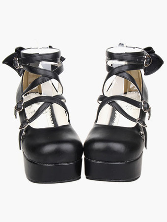 Black Platform Chunky Heels Lolita Shoes Ankle Straps Bow Decor Round Toe